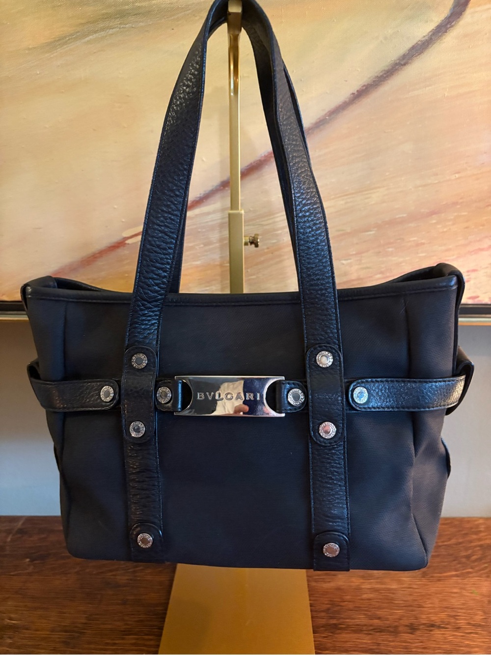 Vintage Bvlgari Bulgari Black Nylon Leather Logo Plaque Shoulder Tote Y2K